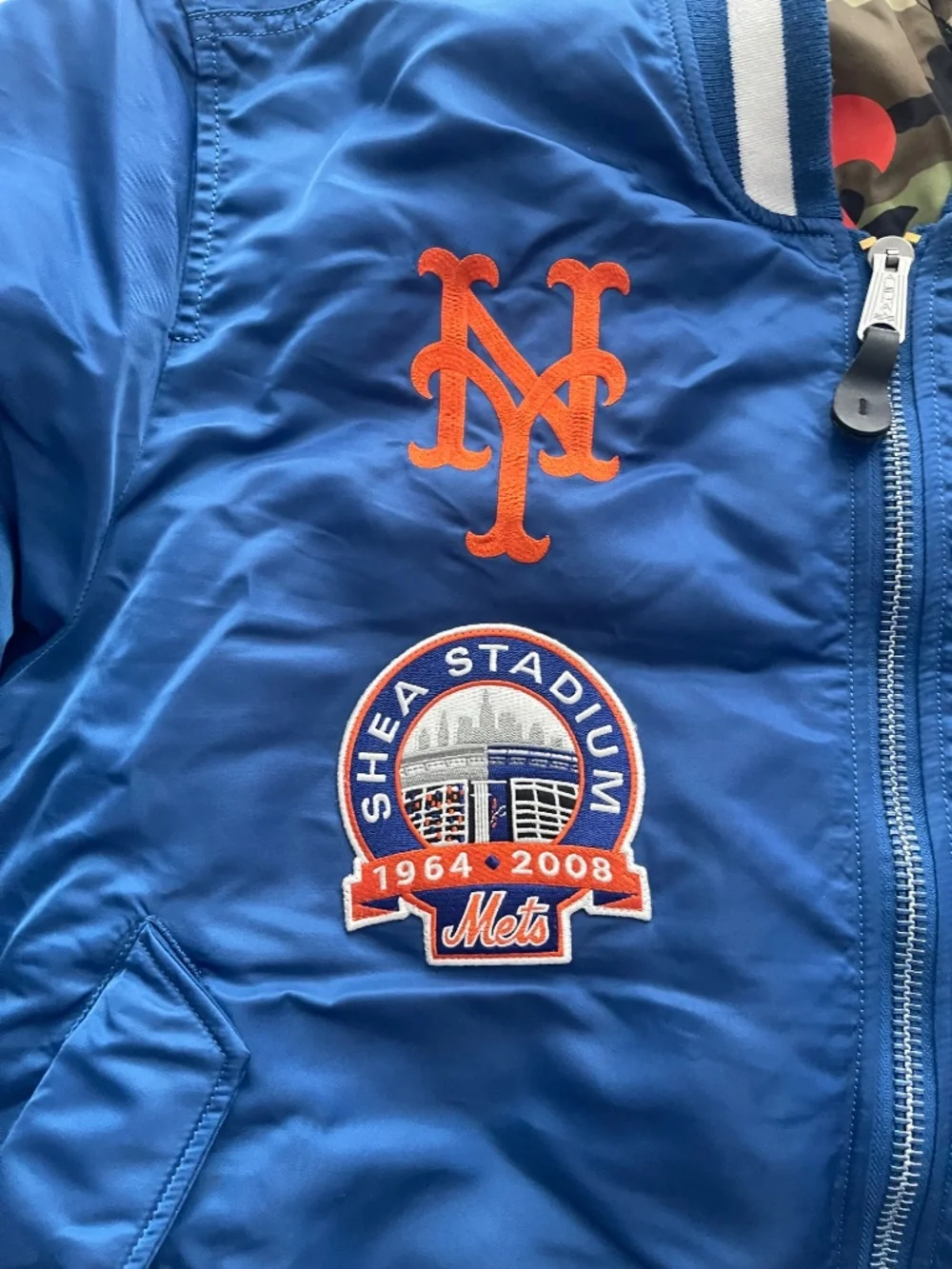 New Era New York Mets MA-1 Bomber Jacket Blue Reversible Camo MLB Full Zip - Picture 14 of 16